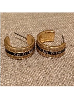 Dior Gold-Tone Hoop Earrings with Black Logo Band
